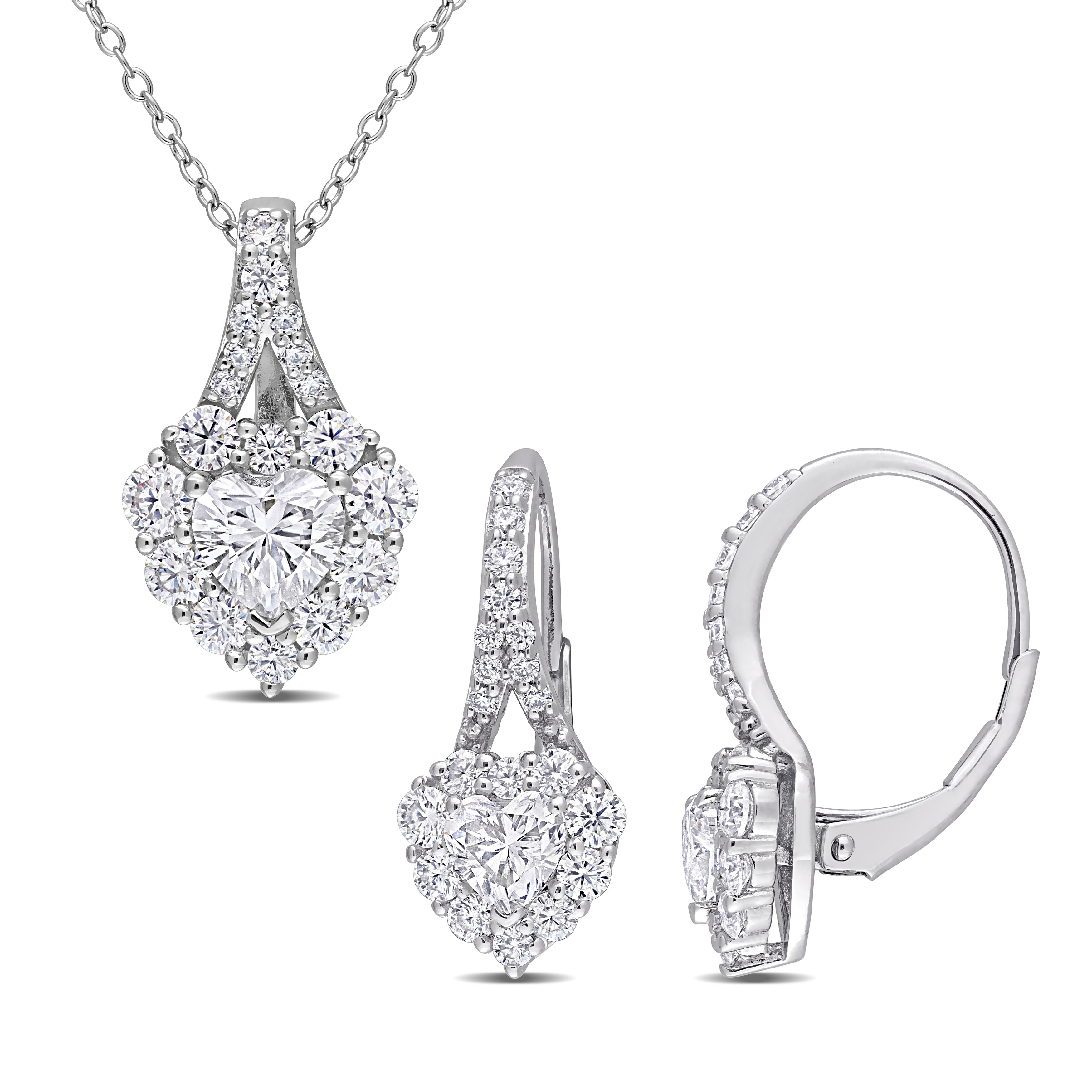 Miadora 4ct DEW Created Moissanite Heart Halo Leverback Earrings and Necklace 2-pc Set Sterling Silver