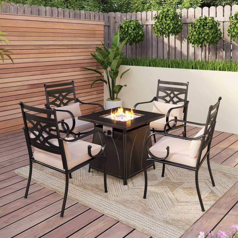 MAISON ARTS 5-Piece Outdoor Dining Set Gas Fire Pit Table & Elegant Cast Iron Pattern Dining Chairs - +Fixed Chairs