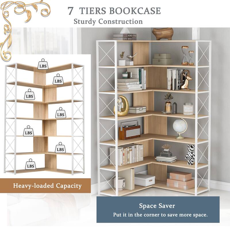 Industrial 7-Tier L-Shaped Corner Bookcase Home Office Bookshelf