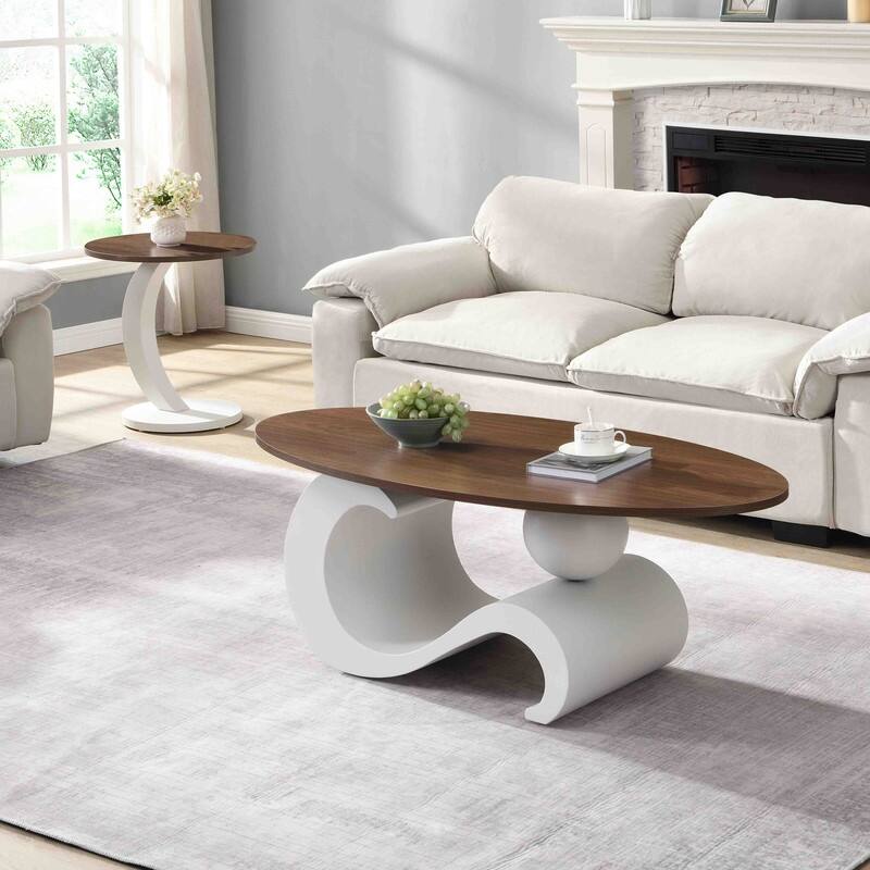 Nesting Coffee Table Set of 2, Round & Oval End Tables with faux marble Tabletop, Side Table