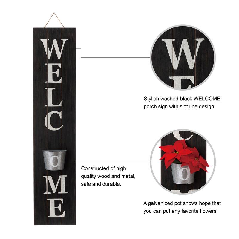 Glitzhome 42-inch Wooden Welcome Porch Sign Wall Decor with Metal Planter