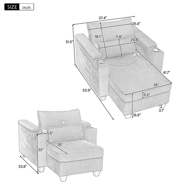 Convertible Chaise Lounge 37.4" Sofa Chair Sofa Bed Corduroy Sleeper Sofa with USB Ports , Two Cup Holders