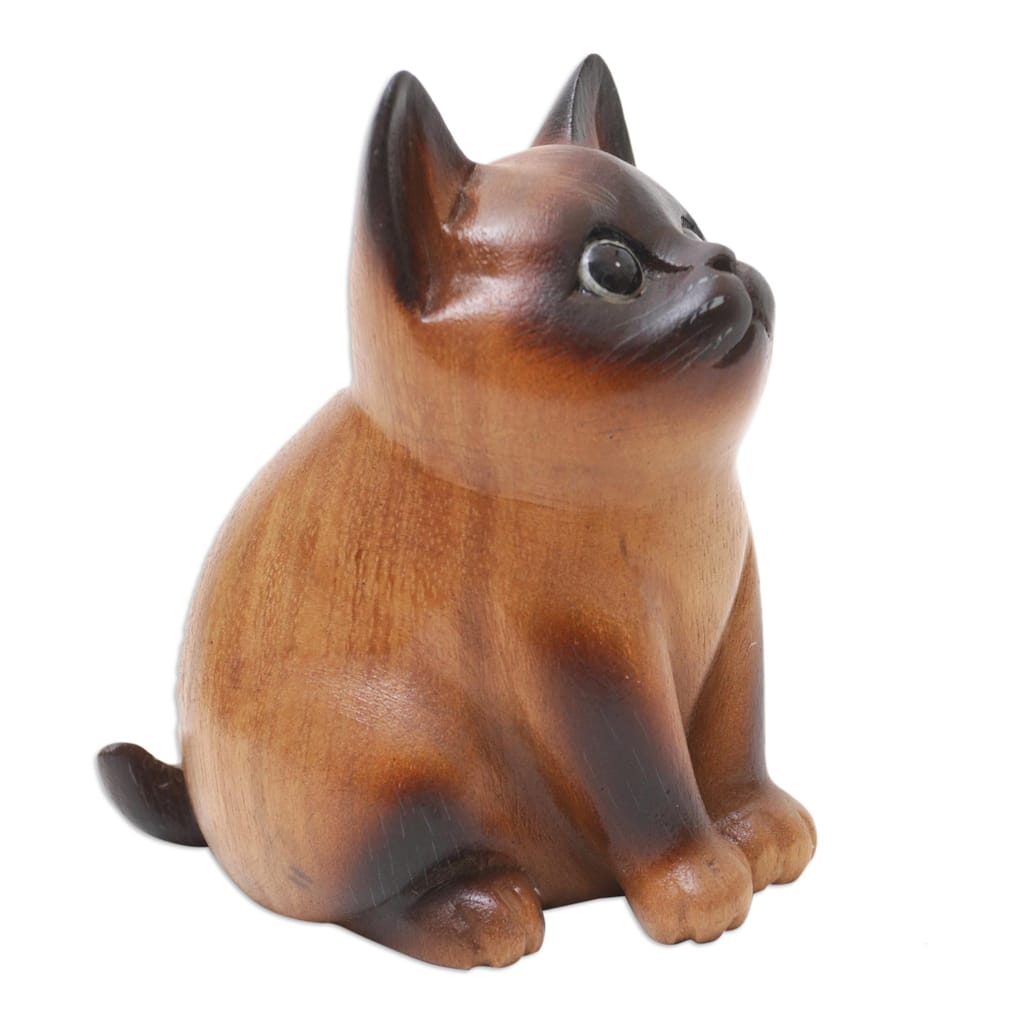 Novica Handmade Hungry Cat Wood Figurine