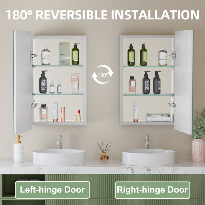 Mira Rectangular Frameless Medicine Cabinet with Mirror, Sliding Adjustable Glass Shelves, Reversible Door