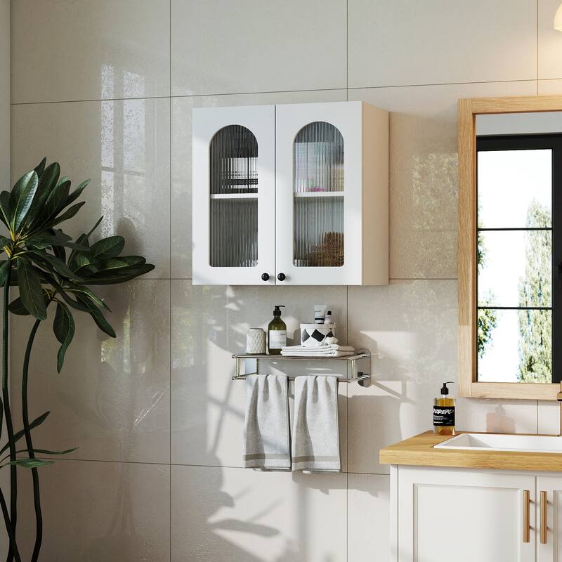 Arched Glass Door Display Wall Mounted Cabinet, Floating Cabinet with inadjustable Shelves for Kitchen,Bathroom,Living Room