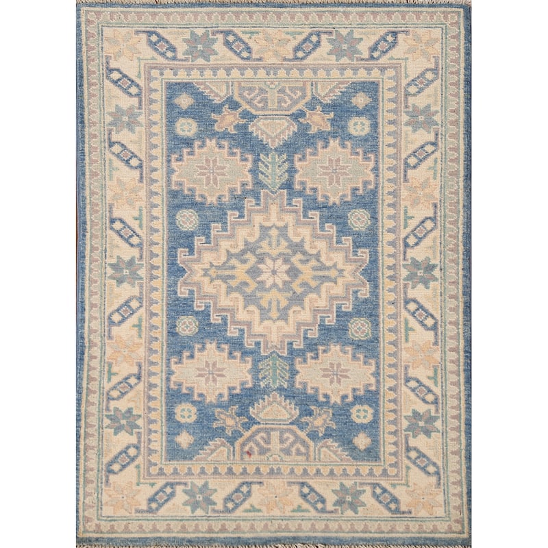 Blue Geometric Kazak Accent Rug Handmade Oriental Wool Carpet - 2'7"x 4'0"