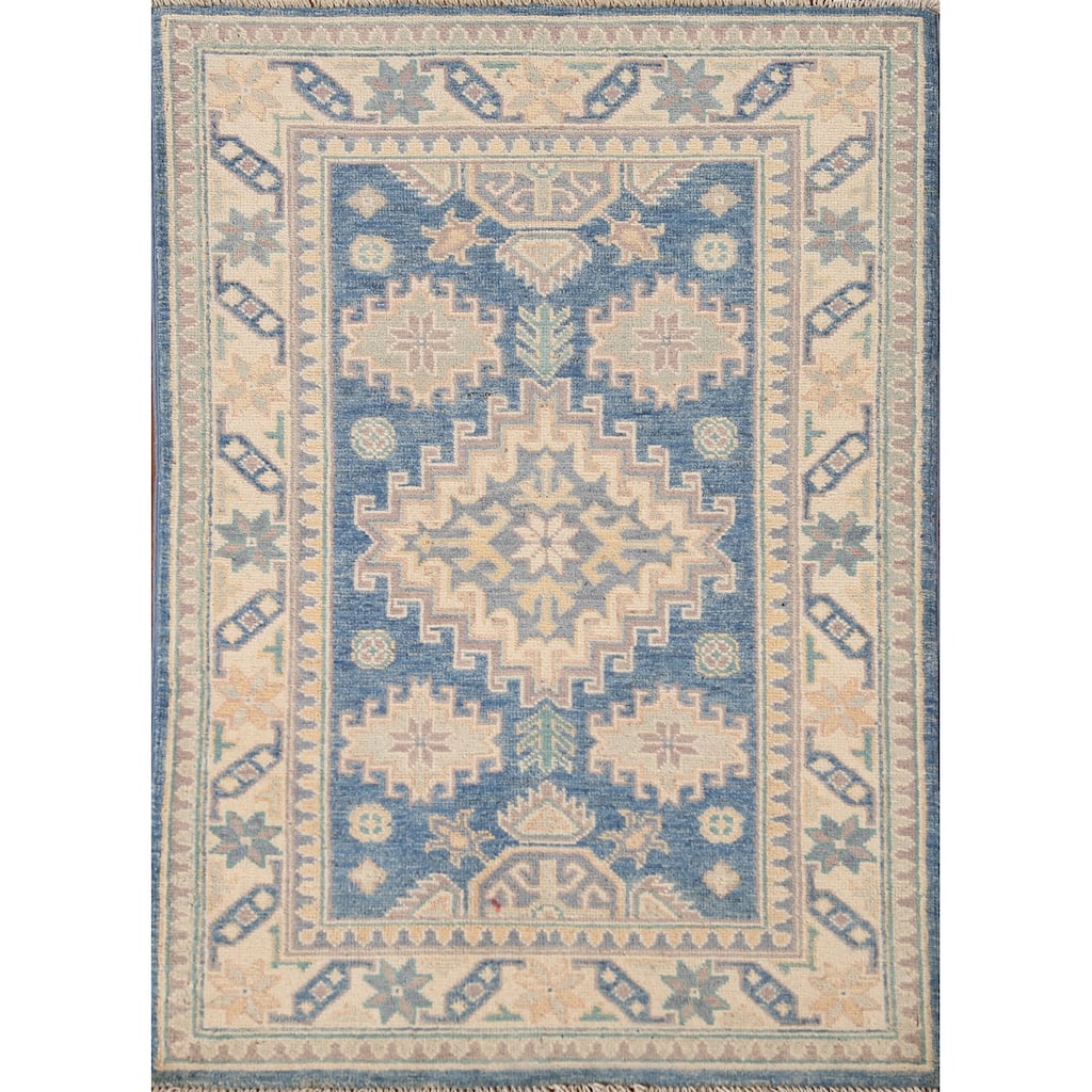 Blue Geometric Kazak Accent Rug Handmade Oriental Wool Carpet - 2'7"x 4'0"