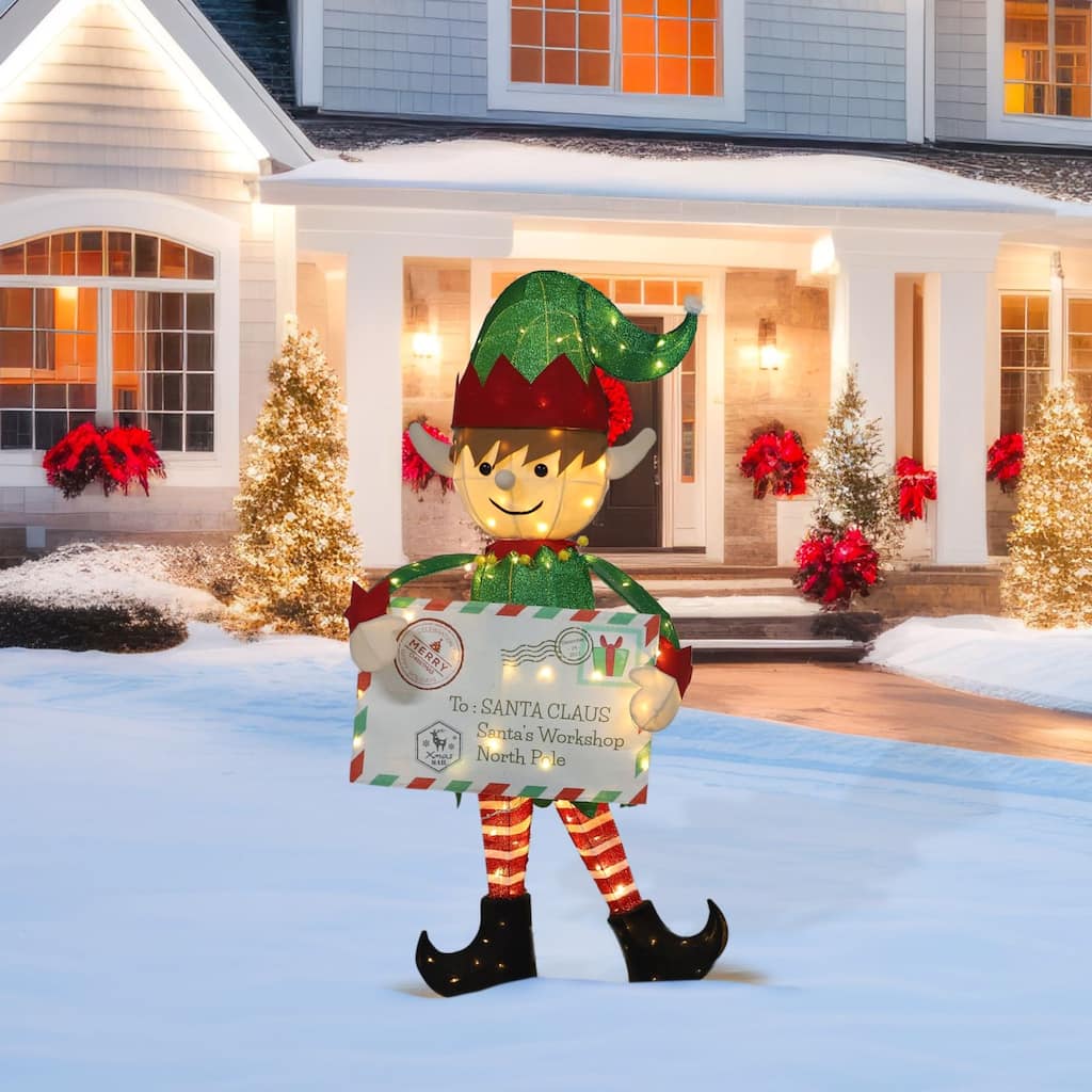 VEIKOUS 4.8FT Lighted Christmas Postman Elf Sign, LED Santa's Mailbox Display with 100 Warm White Lights