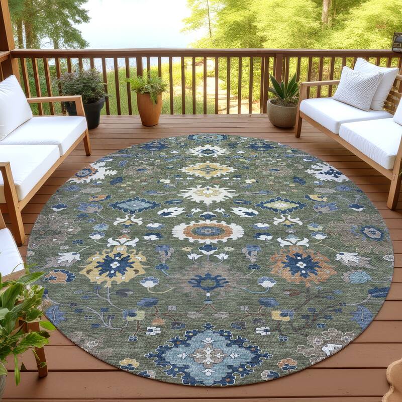 Machine Washable Indoor/ Outdoor Traditional Marci Chantille Rug - Olive - 8' x 8'