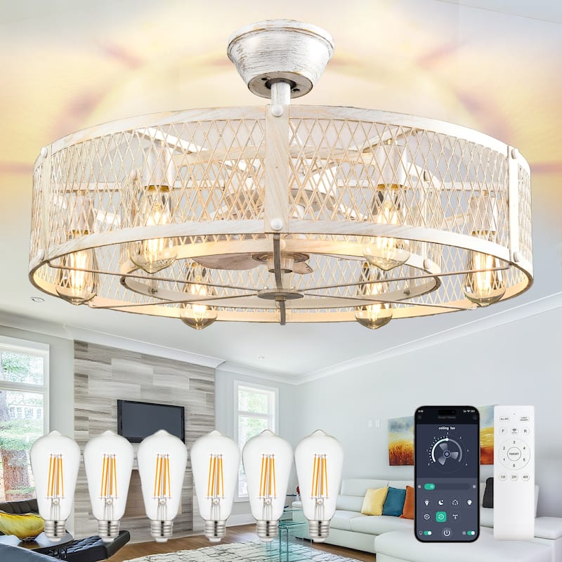 20-26" Caged outdoor Ceiling Fan with Light: Remote App Control-Farmhouse Fandelier Flush Mount Fixture Reversible 6 Speed Timer - 26in - White