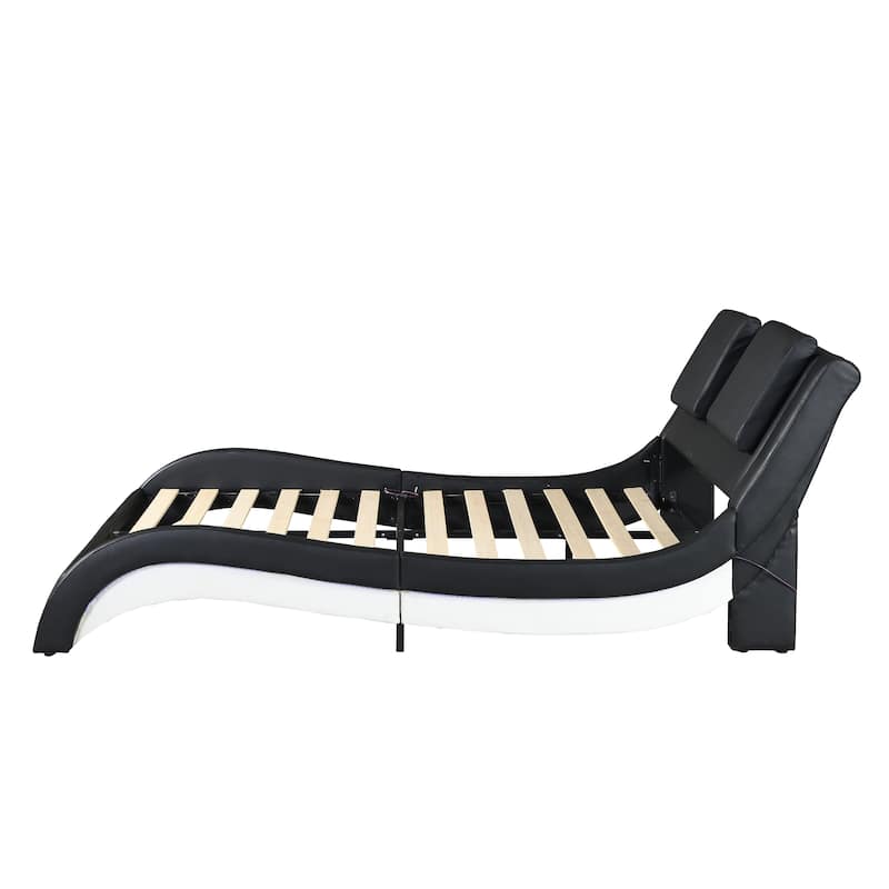 Black Leather Curve Design Upholstered Sleigh Bed Frame Wood Slat