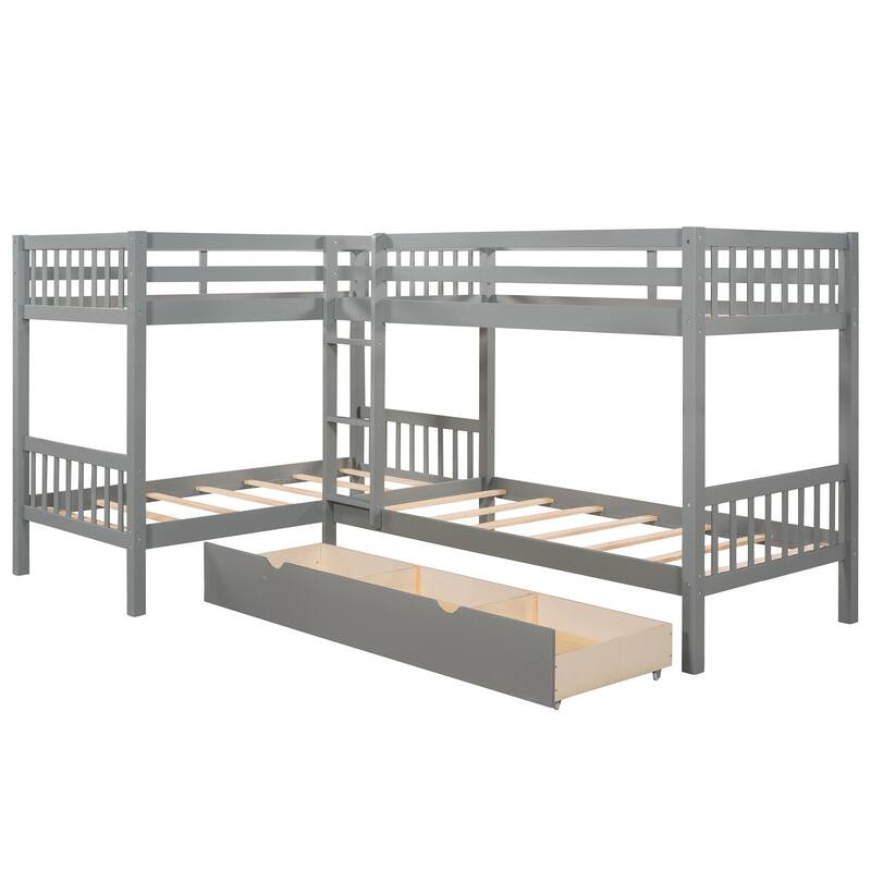 Gray Twin L-Shaped Bunk Bed with Drawers, Pinewood Construction, Space-Saving Design