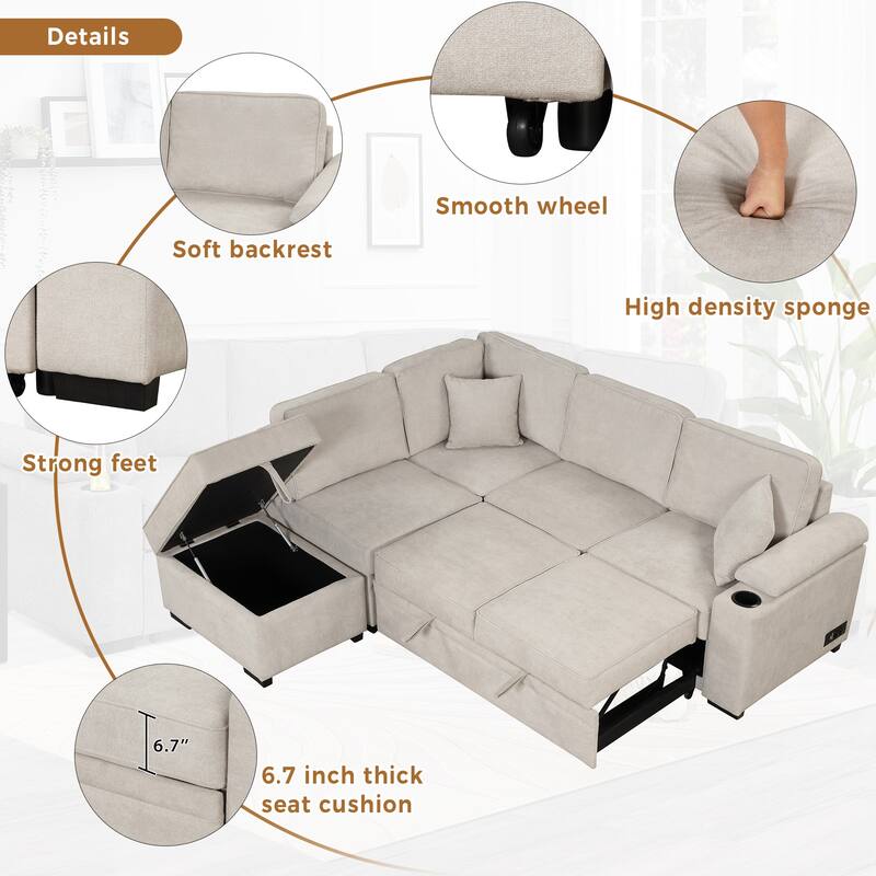 Sleeper Sofa Bed with Storage Ottoman, 2 in 1 Convertible Sectional Sofa Couch, Linen 4-Seater Sofa with Cup Holder