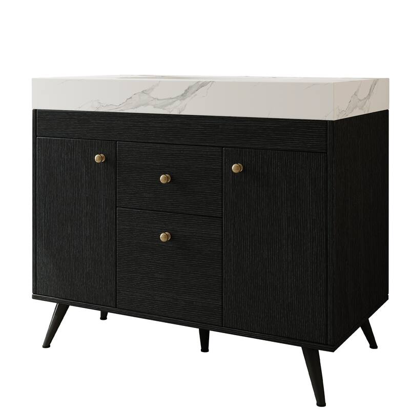 36" Modern Freestanding Bathroom Vanity with Sintered Stone Top, Ceramic Sink & Smart Storage