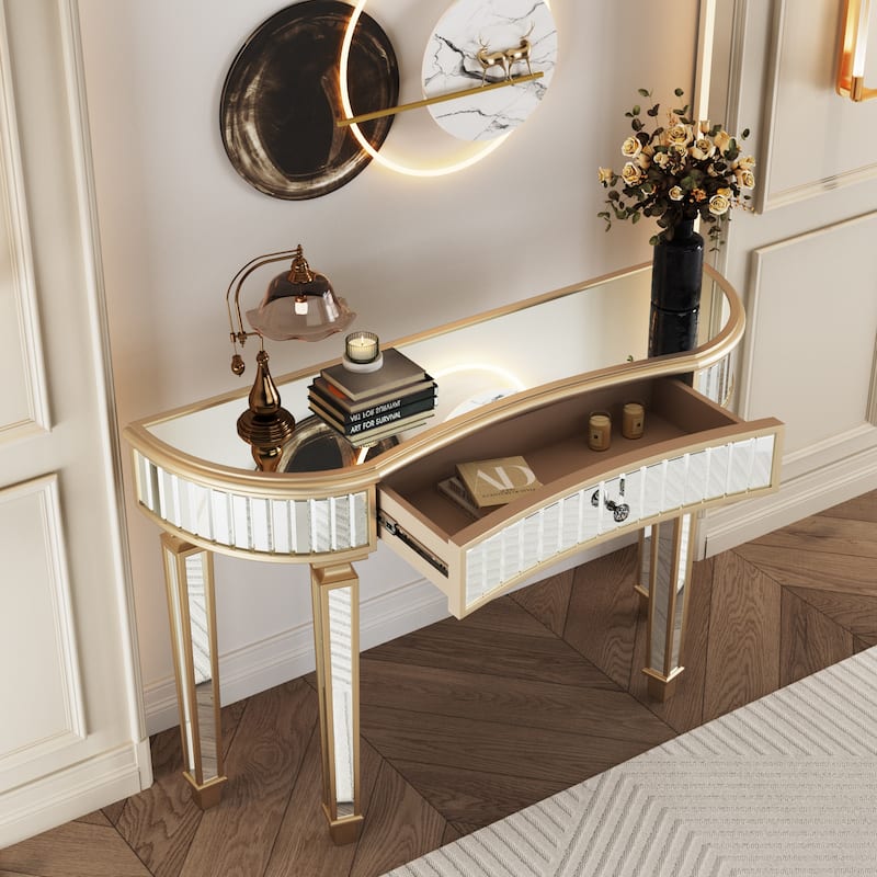 47 inch Half Moon Mirrored Console Table Fluted Glass Crystal Knob Drawer Silver Gold