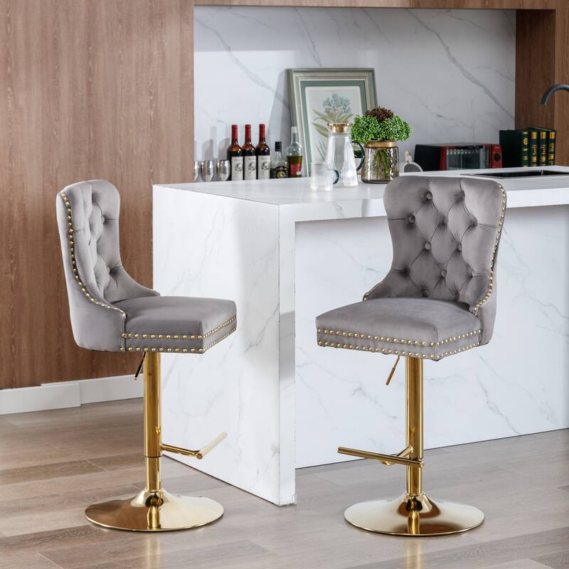 Modern Golden Swivel Velvet Barstools with Adjustable Height, Tufted Design for Kitchen and Pub - Set of 2