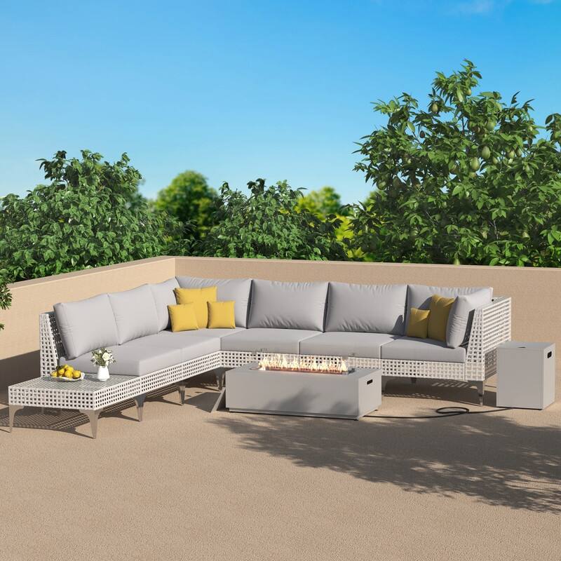 FINCATI Oversized Outdoor Furniture with Rectangular Fire Pit Table, 9-piece Luxurious High-back Patio Wicker Conversation Set - Light Grey