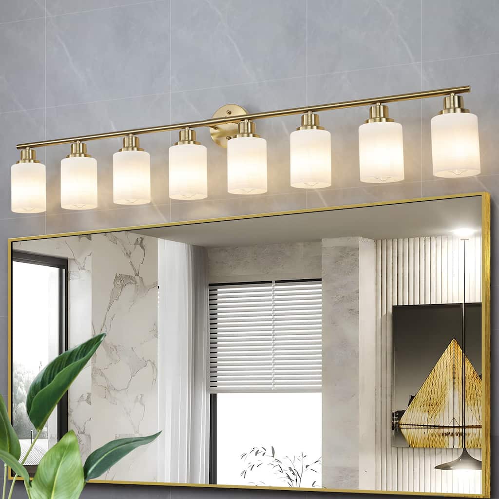 Modern 8-Light Golden Bathroom Vanity Light Fixture Frosted Glass Shades Minimalist Bathroom Lighting (No Bulbs)