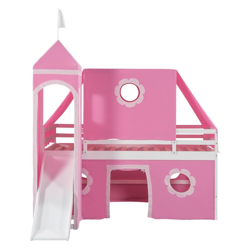 Cute Solid Wood House Loft Bed with Slide, Tent, and Tower for Kids