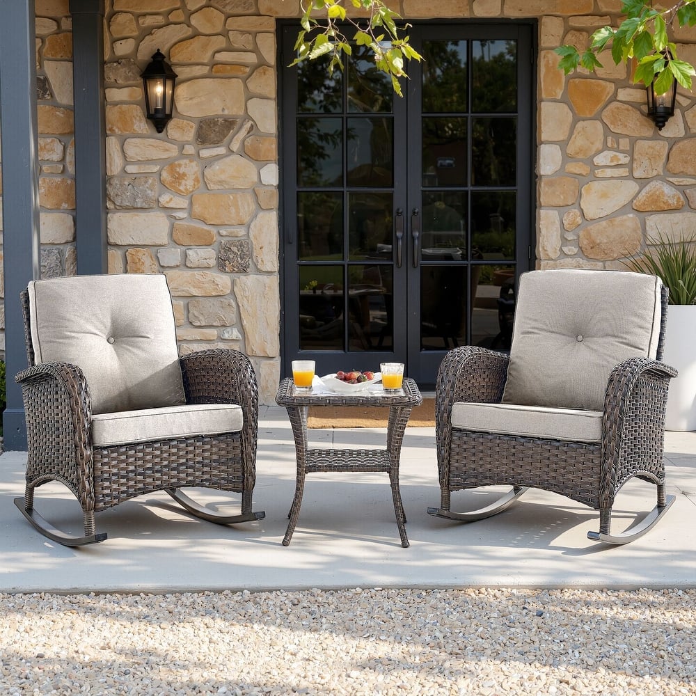 Meyreso 3-Piece Wicker Outdoor Patio Conversation Set with Rocking Chairs and Olefin Cushions