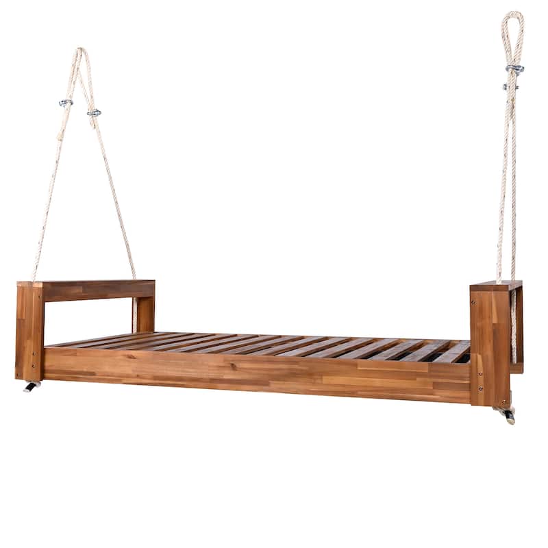 Twin Size Acacia Wood Porch Swing Bed with Hemp Ropes, Outdoor Hanging Daybed Frame for Patio, Garden or Backyard Retreat