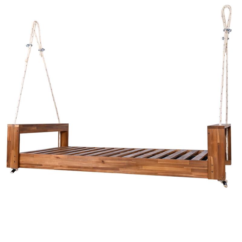 Twin Size Porch Swing Bed Seating Group, Patio Acacia Wood Swing Frame with Hemp Ropes for Garden, Backyard