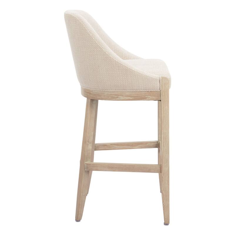 HomeRoots 31" Beige and Natural Fabric and Solid Wood Bar Height Bar Chair