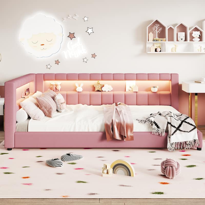 Upholstered Low-Profile Daybed Platform Bed Built-in USB Ports and LED Light Belt, Grounded Design with Padded Backrest