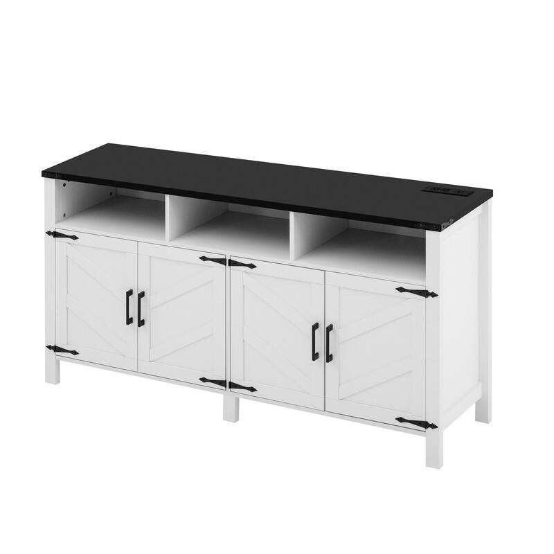 Modern 4-Door Sideboard Buffet with Power Outlets Adjustable Shelves and Half-Open Storage Design