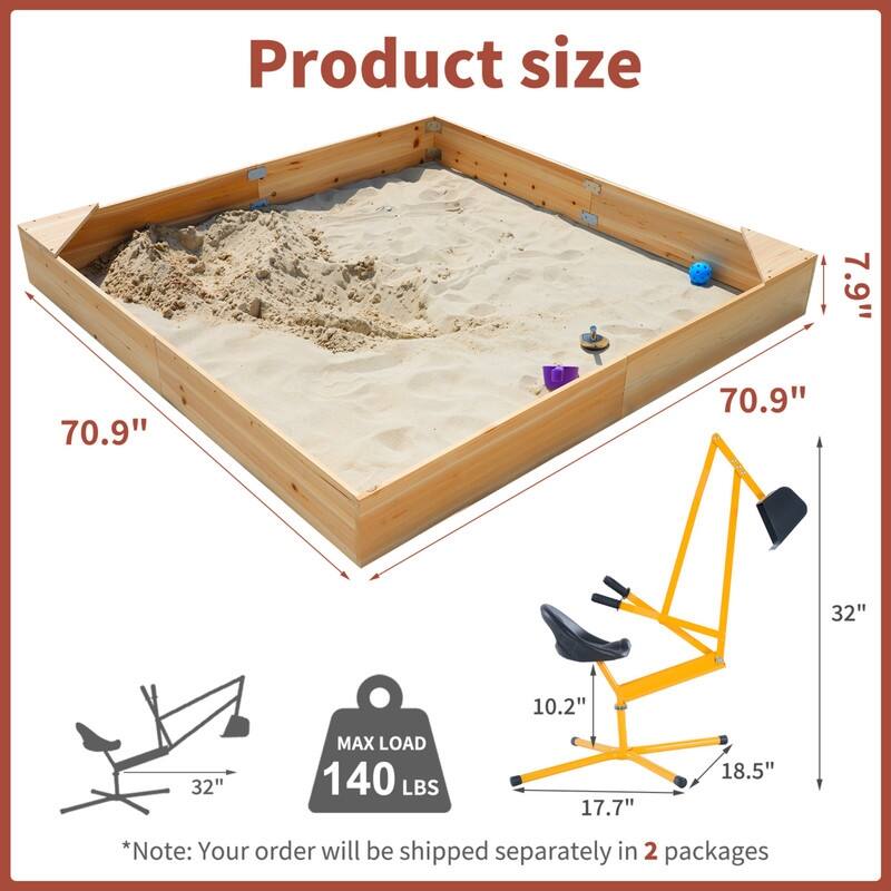 Kids Sand Box, 2 in 1 Outdoor Wood Sandbox with Cove, Two Corner Seats