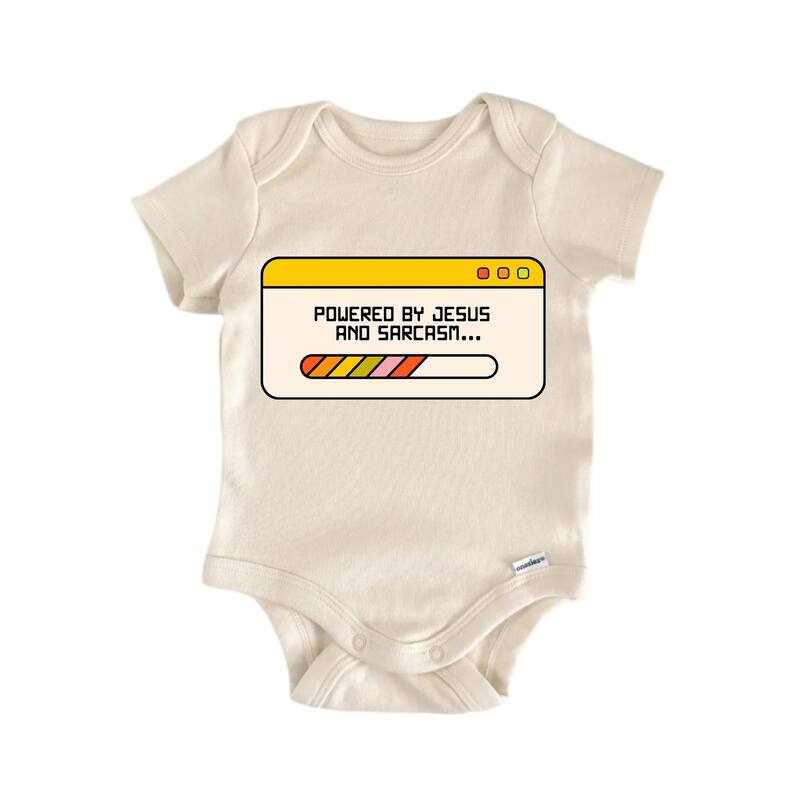 Powered By And Sarcasm Jesus Religious God Christian - Baby Boy Girl Clothes Bodysuit - White - 0-3M