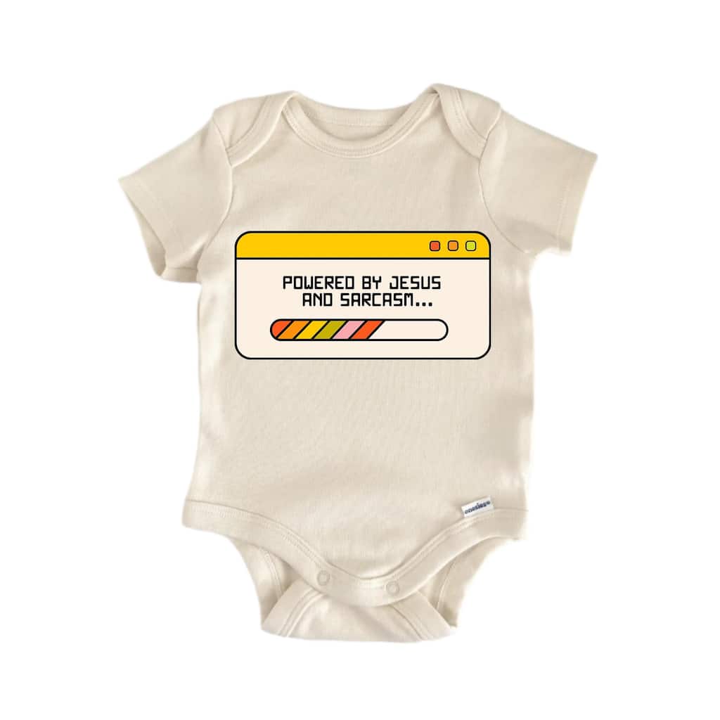 Powered By And Sarcasm Jesus Religious God Christian - Baby Boy Girl Clothes Bodysuit