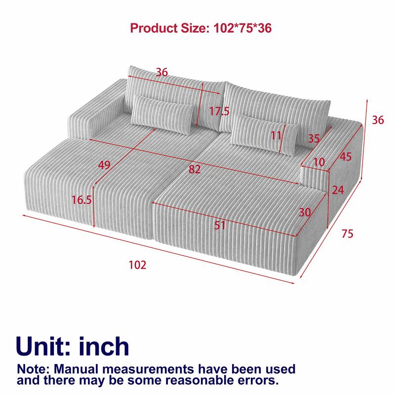102" Corduroy Cloud Chaise Sectional with Reclining Sofa Bed, No-Assembly Design & Ergonomic Backrest