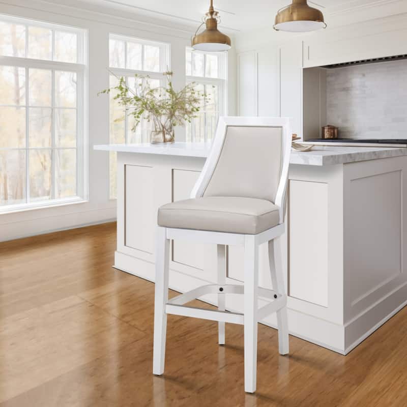 Grey Faux Leather Swivel Bar Chair with White Wood Frame and Footrest