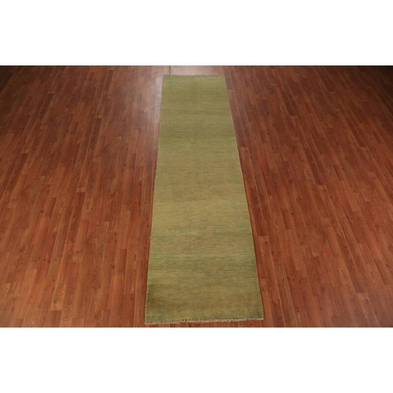 Green & Yellow Modern Gabbeh Runner Rug Handmade Wool Carpet - 2'8" x 9'6"