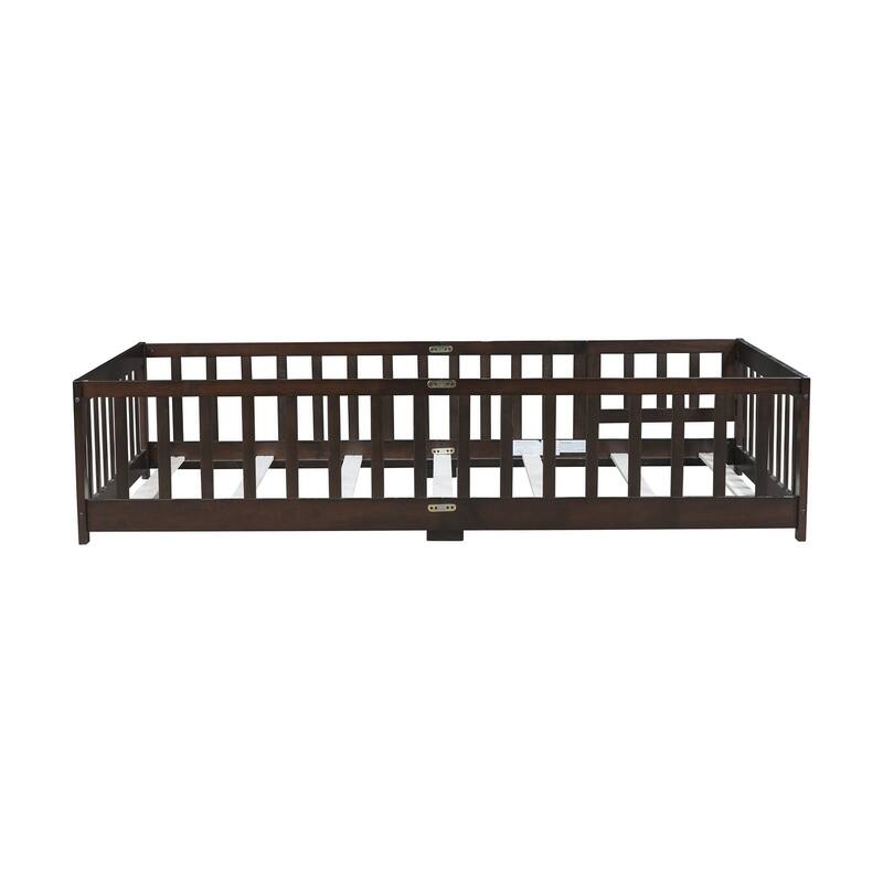 Twin Size Floor Bed with Fence and Door,Rubber Wood Floor Bed with Safety Guardrails