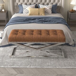 Retro/Vintage Leather Bed Bench with Stainless Steel Base-44'' x 17.7 ...