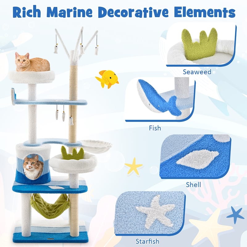 Multi-level Cat Tower with Sisal Covered Scratching Posts-Blue - 23” x 19” x 65” (L x W x H)