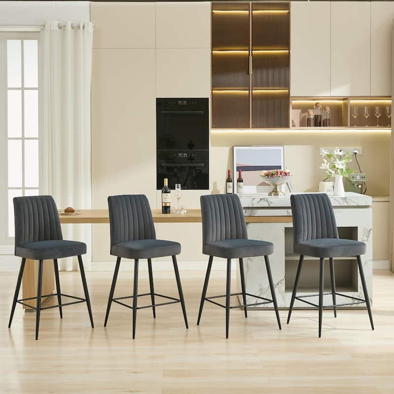 Velvet Upholstered Bar Stools Set of 2, Kitchen Bar Stools with Adjustable Iron Feet, Armless Dining Chairs with Footrest