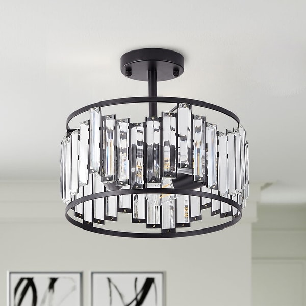 Farmhouse Matte Black 3-Light Semi Flush Mount Ceiling Light with Gold ...
