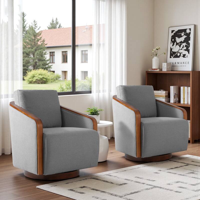Set of 2 Modern 360° Swivel Accent Barrel Chairs with Wood Arms