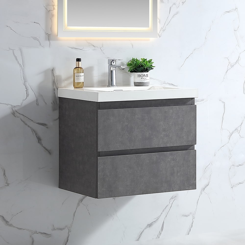Floating Bathroom Vanity 24"-48" – Cement Gray Finish, White Integrated Sink