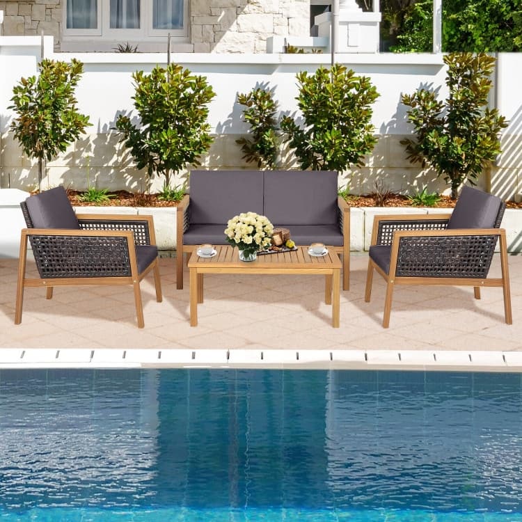 4 Pieces Patio Rattan Furniture Set with Removable Cushions - 30.5" x 48" x 29" (L x W x H)