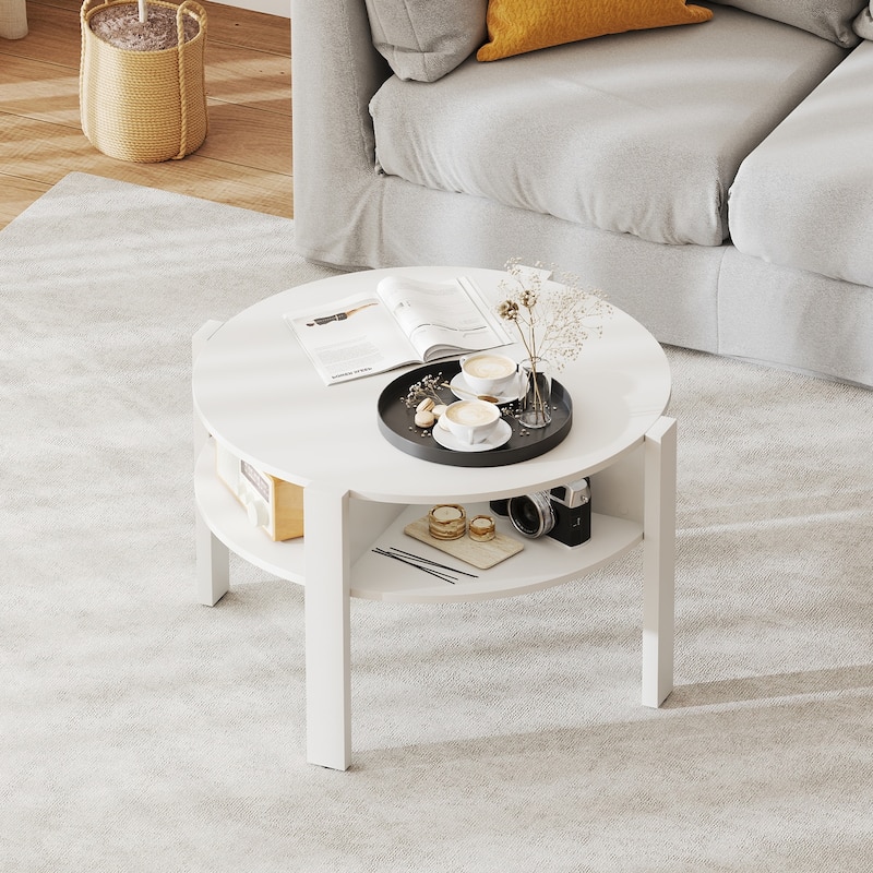29.5 Inch Compact Round Coffee Table with Side Shelves and Wood Frame Perfect for Living Room Decor - 29.5" x 29.5" x 18"