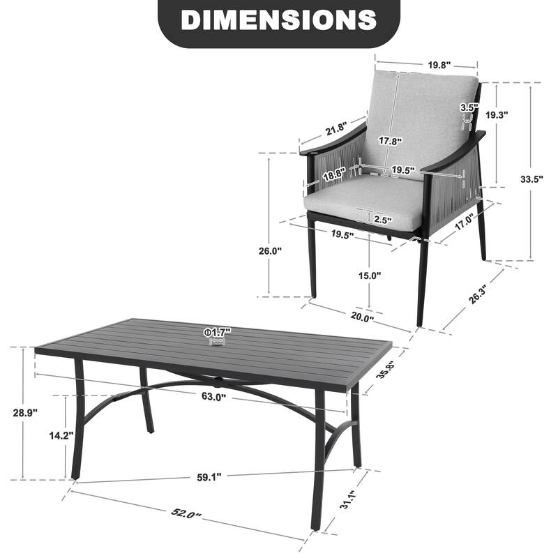 7-Piece Aluminum and Textilene Rope Patio Dining Set with Umbrella Hole