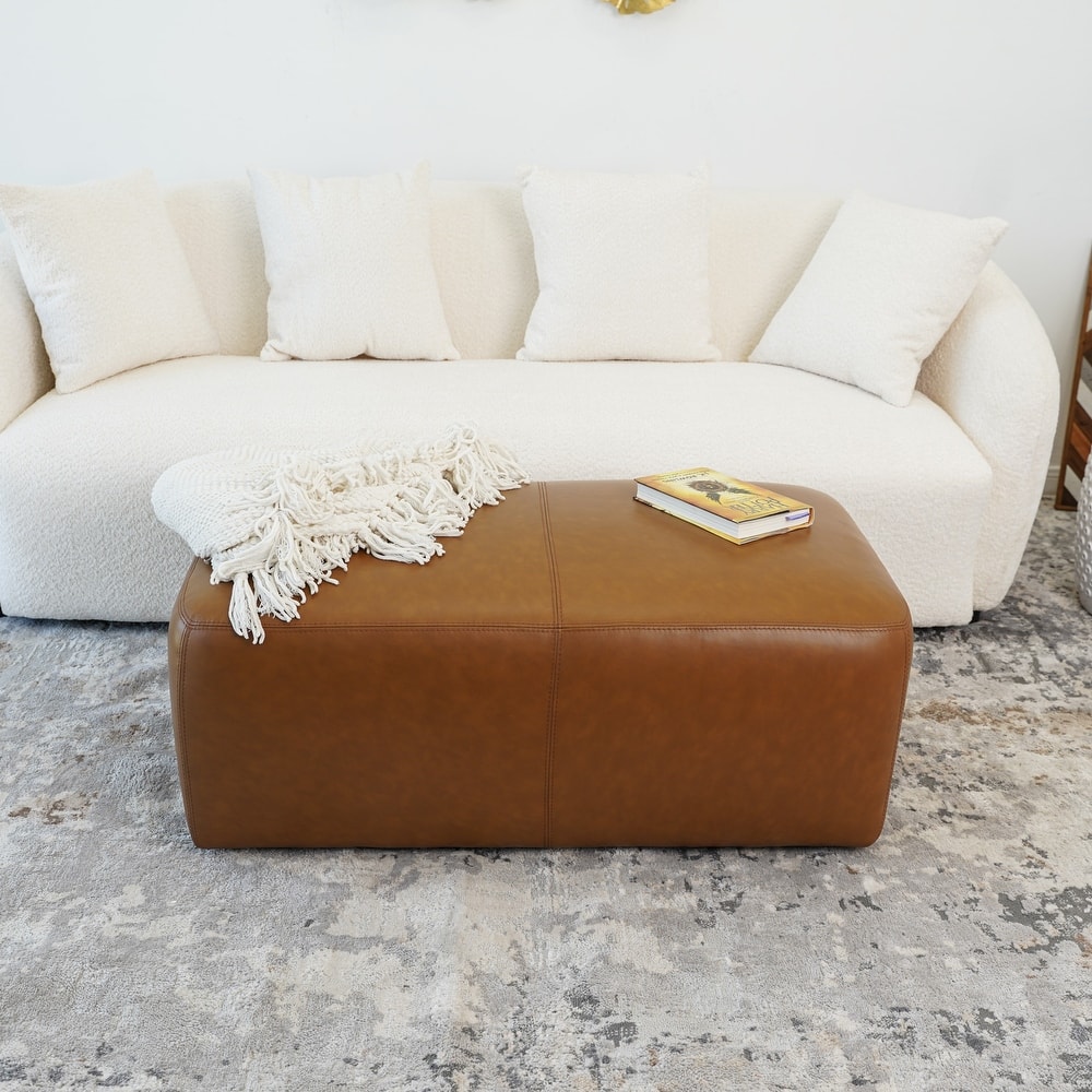 Ingway Mid-Century Modern Ottoman in Tan Leather
