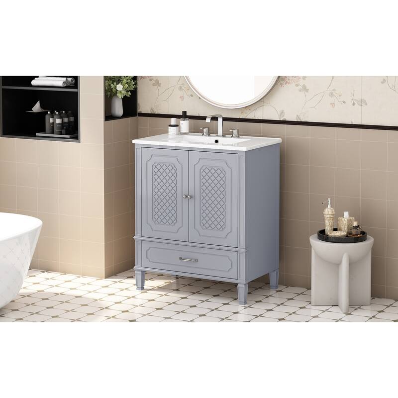 Bathroom Vanity with Ceramic Sink, Bathroom Cabinet with Door Shelf and Soft-Closing Doors, Vanity Set with Adjustable Shelf