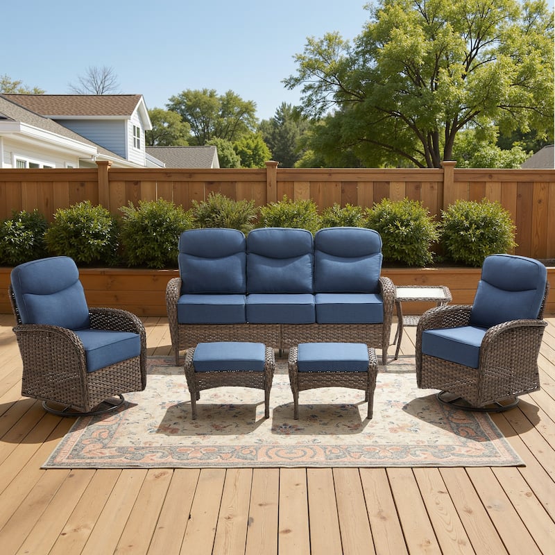 Luna 6-Piece Wicker Patio Conversation Set with Swivel Gliders and 6-Inch Thick Olefin Cushions - Navy Blue Cushions - Brown Wicker