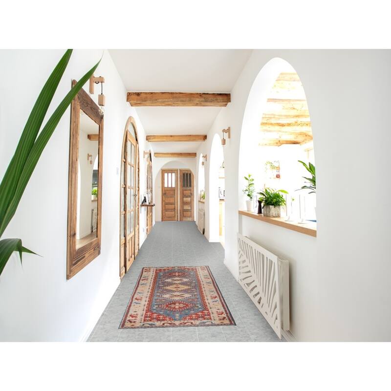 Blue Geometric Kazak Indian Foyer Rug Handmade Wool Carpet - 2'6"x 6'0"