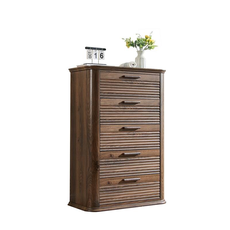 5 Drawers Dresser for Bedroom, 45" Tall Dresser with Curved Profile Design, Wood Fluted Chest of Drawers - Walnut